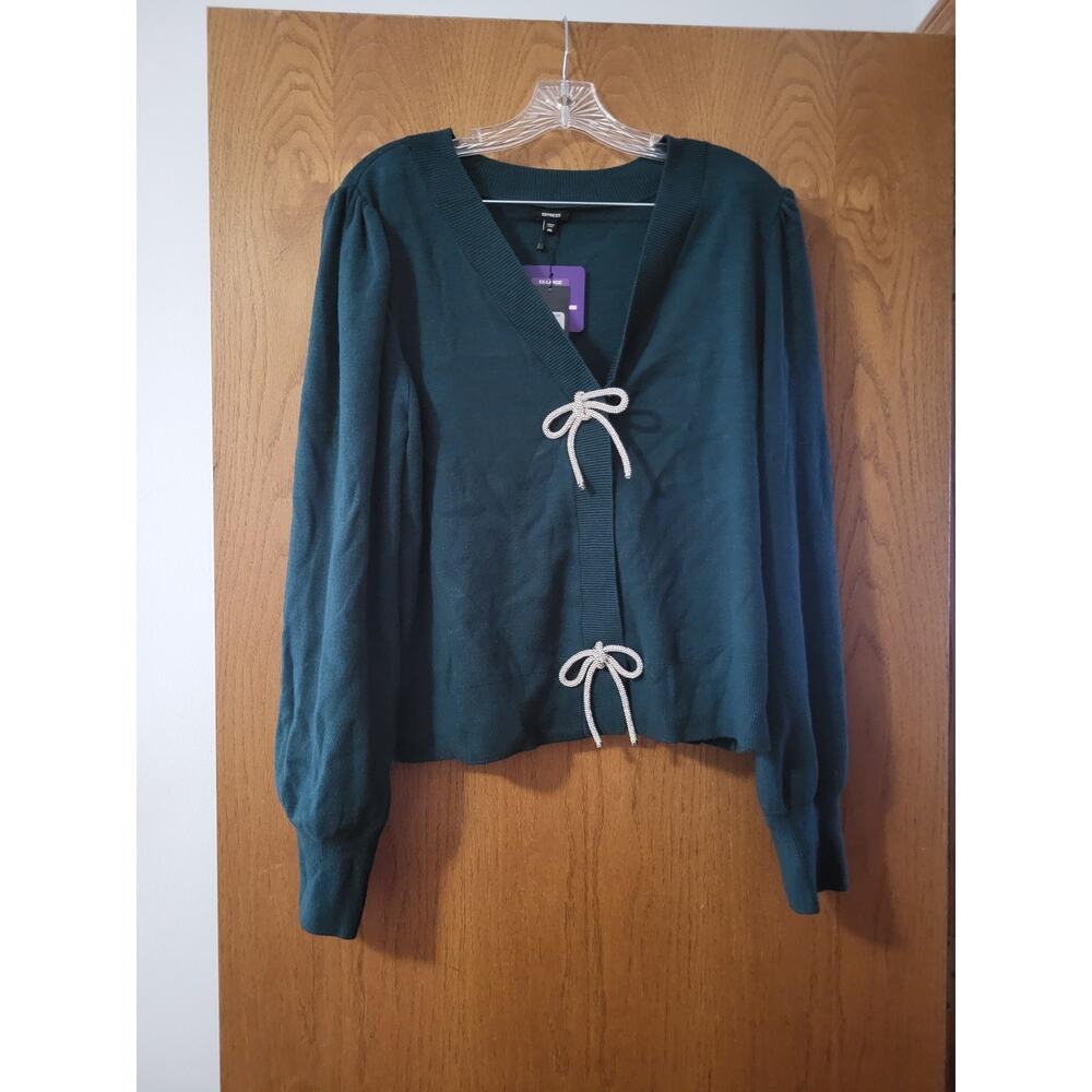 Express Green Rhinestone Sparkle Bow Button Party Cardigan NWT XXL MSRP $108